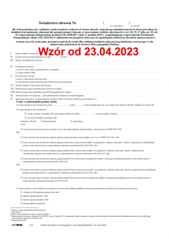 Świadectwo zdrowia dla świń pochodzących z zakładów stad urzędowo